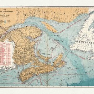 Canada Department of the Interior: Vuurtorens en vaarroutes aan de Atlantische kust, 1915 , kaart op zwaar katoenen canvas, 20 x 25 "ca.
