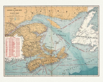 Canada Department of the Interior: Lighthouses and sailing routes on Atlantic coast, 1915 , map on heavy cotton canvas, 20 x 25&quot; approx.