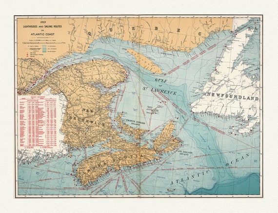 Canada Department of the Interior: Lighthouses and sailing routes on Atlantic coast, 1915 , map on heavy cotton canvas, 20 x 25" approx.