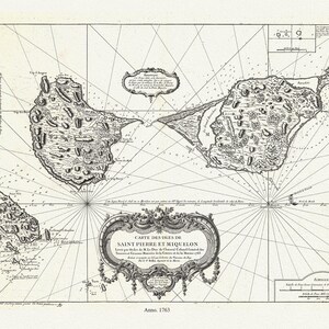 Carte des les Saint Pierre et Miquelon, 1763, auth Bellin. , mapa na trwałym płótnie bawełnianym, 50 x 70 cm, ok. 20 x 25 cali