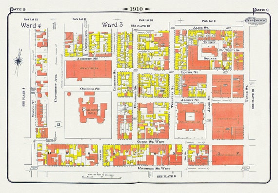 Plate 9, Toronto Downtown, City Hall, St. John's Ward, 1910 , map on heavy cotton canvas, 20 x 30" approx.