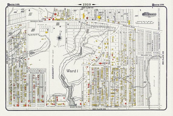 Plate 108, Toronto East, Beach North of Queen St. &  Pine Avenue, 1910 , map on heavy cotton canvas, 20 x 30" approx.