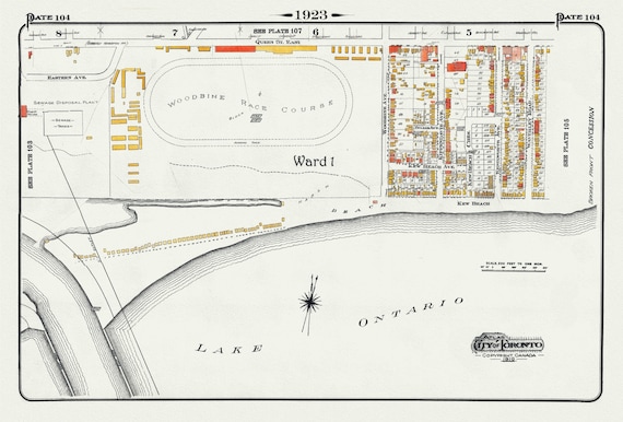 Plate 104, Toronto East, Waterfront, Woodbine Race Course, 1923, Map on heavy cotton canvas, 18x27in. approx.