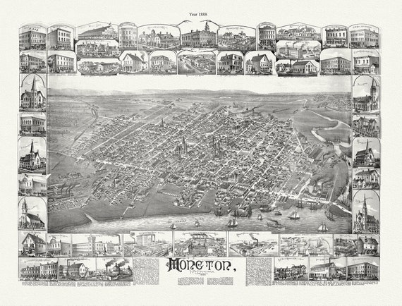 Moncton, New Brunswick, A Birds's Eye View, 1888, map on durable cotton canvas, 50 x 70 cm, 20 x 25" approx.