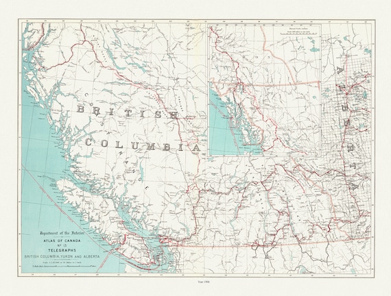 British Columbia, Yukon and Alberta, Telegraphs, 1906, map on durable cotton canvas, 50 x 70 cm, 20 x 25" approx.