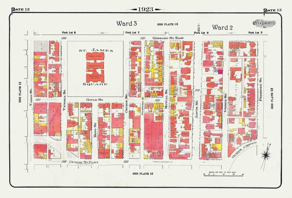 Plate 13, Toronto Downtown East, St. James Square, Dundas St. East, 1923, Map on heavy cotton canvas, 18x27in. approx.
