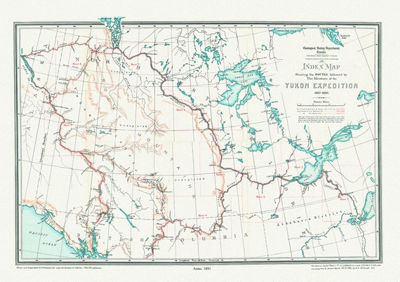 Index Map Shewing the Routes Followed by the Members of the Yukon Expedition, 1887-1888,(1891), map on  canvas, 50 x 70 cm, 20 x 25" approx.