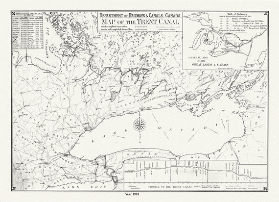 Trent Canal, Ontario, in 1918. It shows uncompleted and completed canals, railroads, and distances between major cities, 20 x 25" approx.