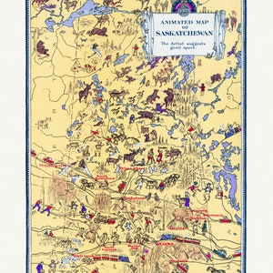 Eine animierte Landkarte von Saskatchewan, 1929, auf schwerer Baumwollleinwand, 22x27" ca.