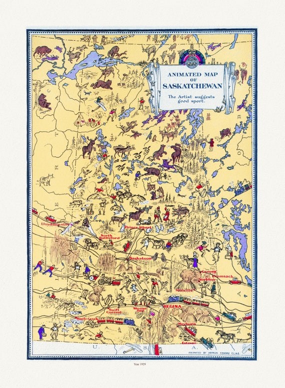 An Animated Map of Saskatchewan, 1929, on heavy cotton canvas, 22x27" approx.