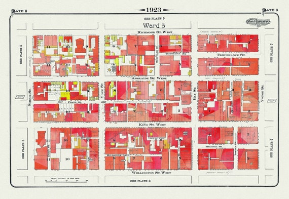 Plate 6, Toronto Downtown West, King & York Streets, 1923, Map on heavy cotton canvas,18x27in. approx.