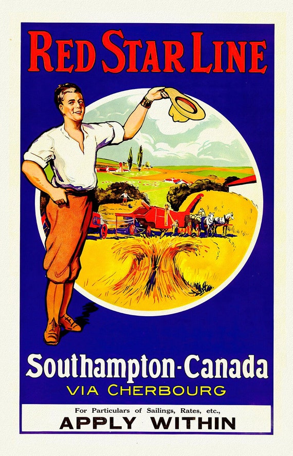 Canada from Southampton, Red Star Line  , vintage travel poster reprinted on heavy cotton canvas, 50 x 70 cm, 20 x 25" approx.