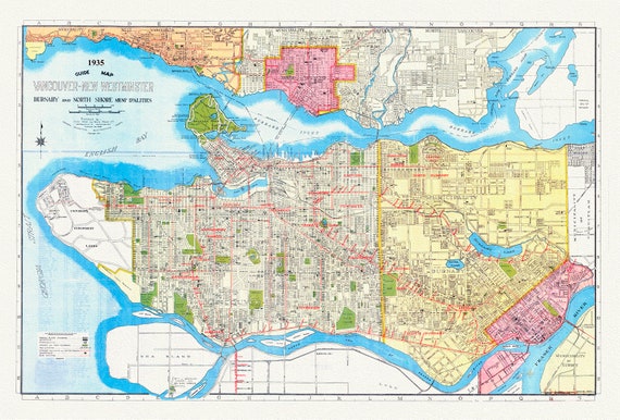 Vancouver, New Westminster, Burnaby and North Shore municipalities. A Guide map, 1935, on heavy cotton canvas, 45 x 65 cm, 18 x 24" approx.