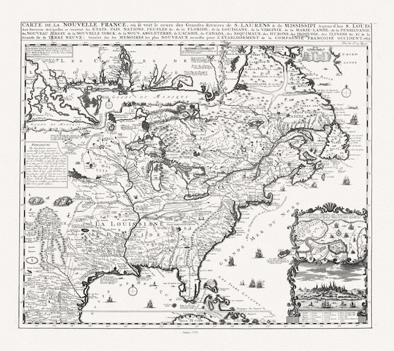 Henri Chatelain, Carte de la Nouvelle France, ou se voit le cours des grandes rivieres de S. Laurens & de Mississipi, 1719 ,canvas, 22x27"