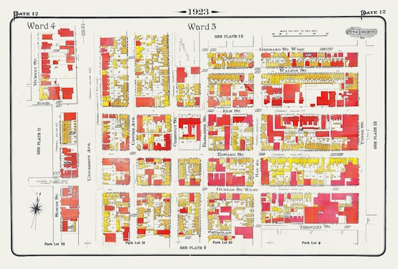 Plate 12, Toronto Downtown, St. John's Ward, 1923, Map on heavy cotton canvas, 18x27in. approx.