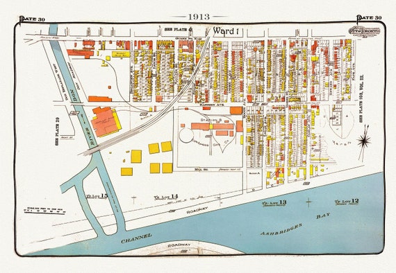 Plate 30, Toronto Waterfront East, Leslieville South, 1913, map on heavy cotton canvas, 20 x 30" approx.