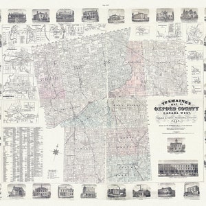 Comté d’Oxford, Canada-Ouest, 1857 , carte sur toile de coton durable, 50 x 70 cm, 20 x 25 » env.