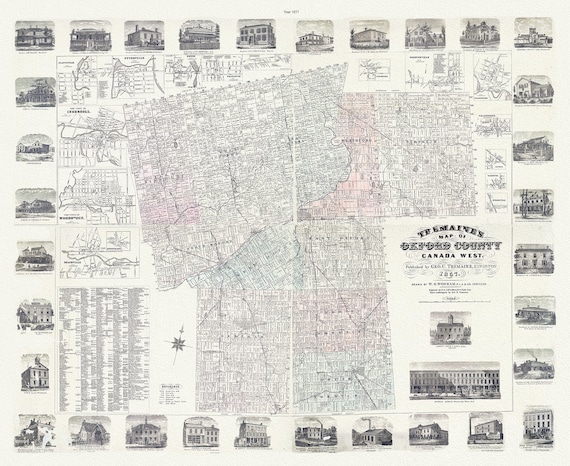 Oxford County, Canada West, 1857  , map on durable cotton canvas, 50 x 70 cm, 20 x 25" approx.