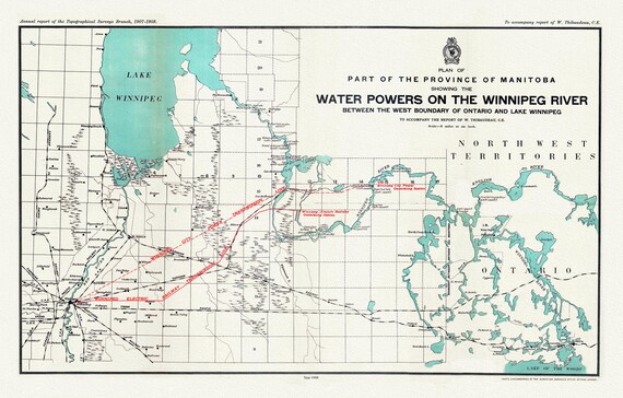 Plan of part of the province of Manitoba showing the water powers on the Winnipeg River,1908, map , 50 x 70 cm, 20 x 25" approx.