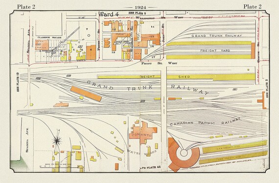 Plate 02, Toronto Downtown, Railway Lands, 1924, map on heavy cotton canvas, 20 x 30" or 50 x 75cm. approx.
