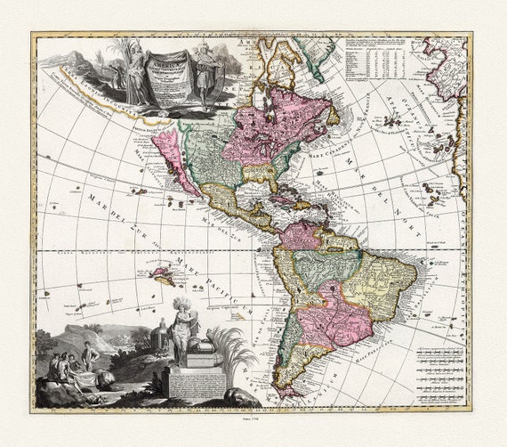 Visscher, Americae tam Septentrionalis Quam Meridionalis in Mappa Geographica Deliniatio, 1740 Ver. I ,Map on heavy cotton canvas, 22x27in