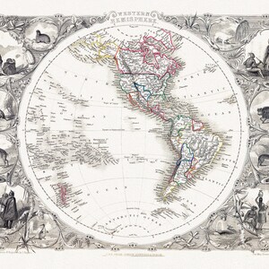 Tallis, Hémisphère occidental, 1851, Carte sur toile de coton lourd, 22x27in. Environ.