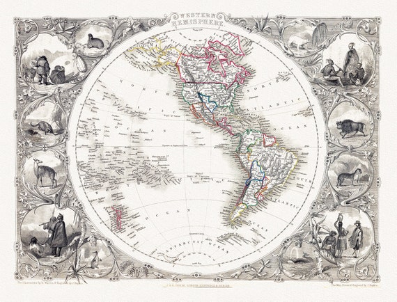 Tallis,  Western Hemisphere, 1851 ,Map on heavy cotton canvas, 22x27in. approx.