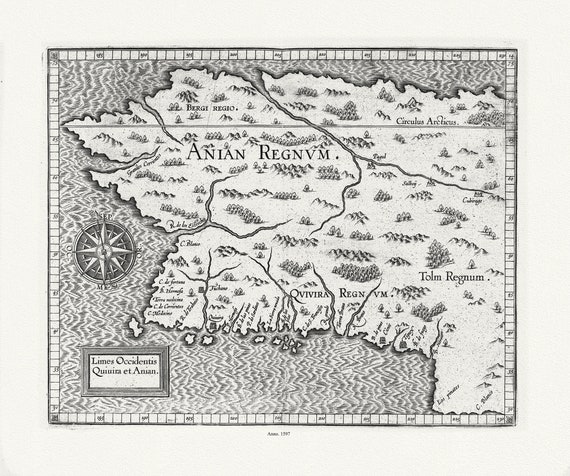Wytfliet, Corneille, Limes Occidentis Quivira et Anian,( Northern California to Mythical Northwest Passage), 1597E, canvas map, 22x27"