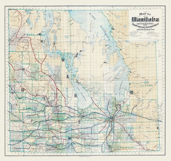 Map of Manitoba published by the authority of the Provincial Government, 1903, map on heavy cotton canvas, 22x27" approx.