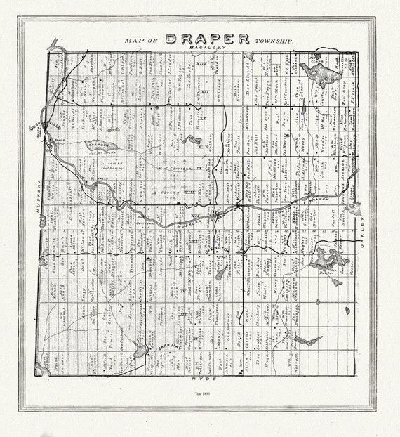 Muskoka-Haliburton, Draper Township, 1893, map on heavy cotton canvas, 20 x 25" approx.