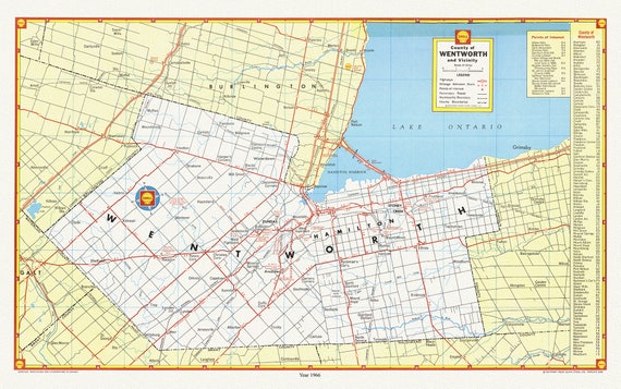 City of Hamilton, County of Wentworth and vicinity, with an index for points of interest, 1966 , map on  cotton canvas, 20 x 25" approx.