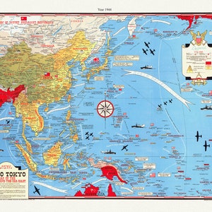 WW II, Dated Events, On To Tokyo, Map of the Pacific and the Far East, 1944, Turner auth., map on canvas, 50 x 70 cm, 20 x 25&quot; approx.