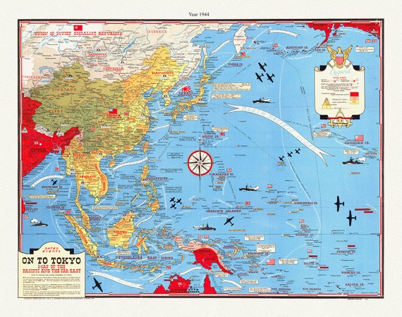 WW II, Dated Events, On To Tokyo, Map of the Pacific and the Far East, 1944, Turner auth., map on canvas, 50 x 70 cm, 20 x 25" approx.