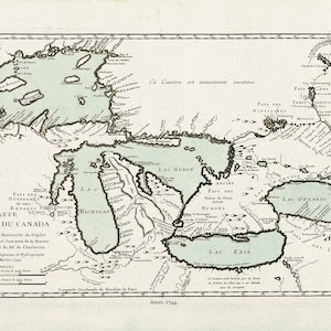 Bellin, Carte des lacs du Canada, 1744 Ver. III, map on heavy cotton canvas, 22x27" approx.