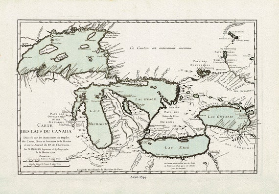 Bellin, Carte des lacs du Canada, 1744 Ver. III, map on heavy cotton canvas, 22x27" approx.