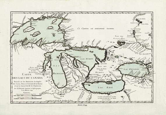 Bellin, Carte des lacs du Canada, 1744 Ver. III, map on heavy cotton canvas, 22x27" approx.