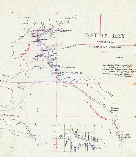 Kane et Hayes, Baffin Bay Journey, A Manuscript, 1855, map on heavy cotton canvas, 50 x 70 cm, 20 x 25" approx.