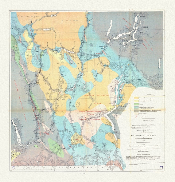 Geological map of a portion of the Southern Interior of British Columbia, George Dawson ,1877, map on cotton canvas, 20 x 25" approx.