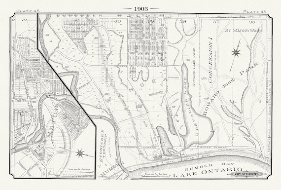 Plate 45, Toronto West, High Park Swansea, 1903, map on heavy cotton canvas, 20 x 30" or 50 x 75cm. approx.