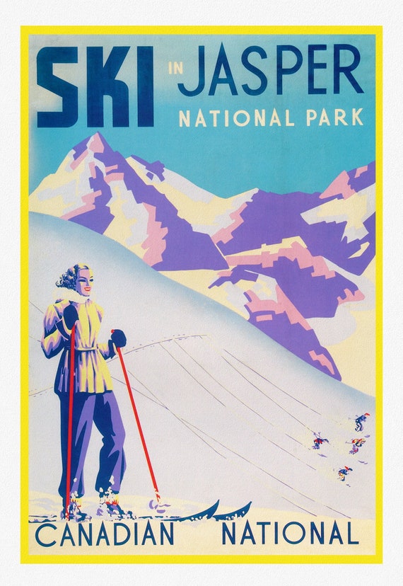 Ski in Jasper, Canadian National, travel poster on heavy cotton canvas, 20x25" approx.