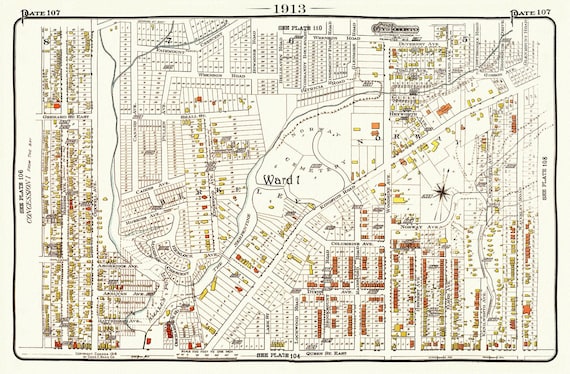 Plate 107, Toronto East, The Beach, Norway, Berkeley, 1913, map on heavy cotton canvas, 20 x 30" or 50 x 75cm. approx.