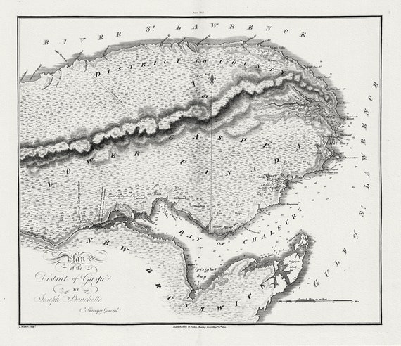 Quebec: Bouchette et Faden, Plan of the District of Gaspe, 1815 , map on heavy cotton canvas, 22x27" approx.