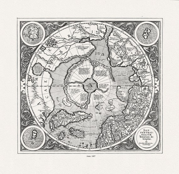 Mercator et Hondius, Septentrionalium Terrarum descriptio. Per Gerardum Mercatorem , 1607, Map on  heavy cotton canvas, 22x27in. approx.