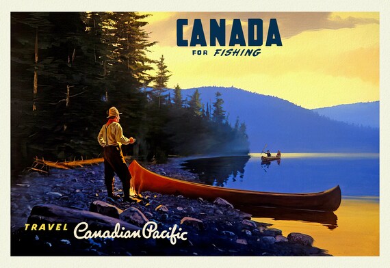 Canada For Fishing, Canadian Pacific Ver. 21 , vintage nature print on canvas, 50 x 70 cm, 20 x 25" approx.