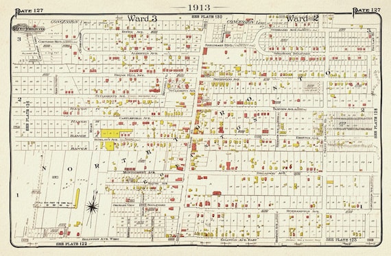 Plate 127, Toronto North, Eglinton & Yonge, 1913, map on heavy cotton canvas, 20 x 30" or 50 x 75cm. approx.