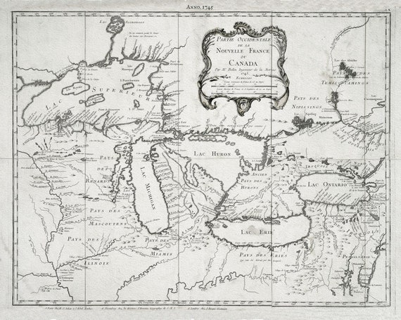 Jacques Nicolas Bellin, Le Canada, 1745, map on heavy cotton canvas, 50x70cm (20 x 25") approx.