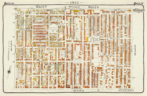 Plate 32, Toronto Uptown West, Seaton Village, Annex, 1913, map on heavy cotton canvas, 20 x 30" approx.