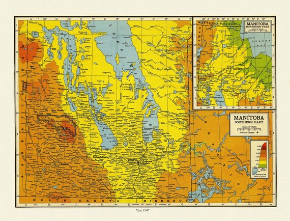 Manitoba, 1947 , map on heavy cotton canvas, 22x27" approx.