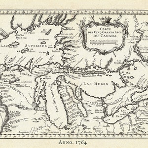 Carte des Cinq Grand Lacs du Canada, Bellin auth., 1764 Ver. II, mapa em tela de algodão durável, 50 x 70 cm, 20 x 25" aprox.