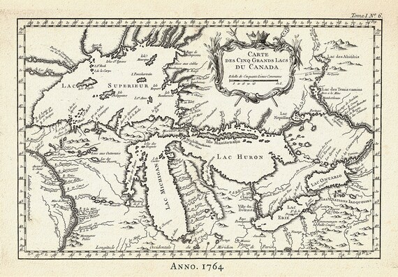 Carte des Cinq Grand Lacs du Canada, Bellin auth.,1764 Ver. II, map on durable cotton canvas, 50 x 70 cm, 20 x 25" approx.